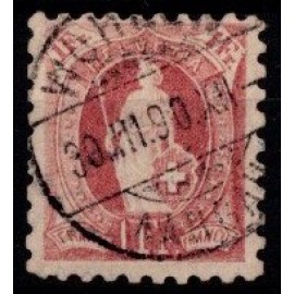 1888 - Schweiz - AFA 85 - Frimærke - Stående Helvetia - 1 fr. vinrød - Stemplet.